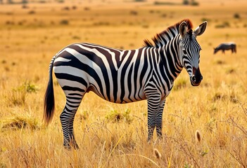 Naklejka premium Striped zebra grazes serenely in Kenya's vast savanna grassland, Africa, zebra