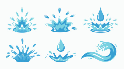 Six Cartoon Blue Water Splash Illustrations with Drops and a Wave on White