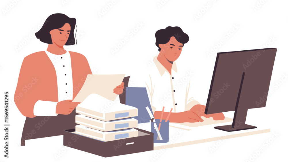 Poster two office workers at desk with computer and documents in a bright and modern office space