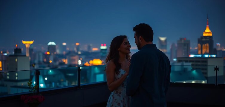 Twilight rooftop romance, playful interaction,  affection,  background