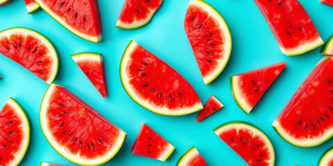 Vibrant seamless pattern of juicy watermelon slices on a bright blue background ,  print,  pattern