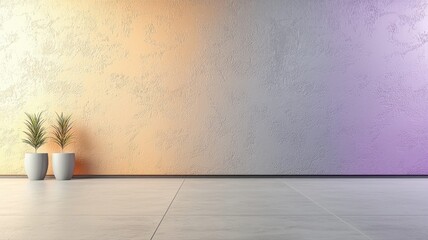 Vibrant Gradient Wall and Floor with Minimalist Plants gradient wall floor minimalist textured wall tile potted plants indoor plants modern interior empty room backdrop background copy space orange