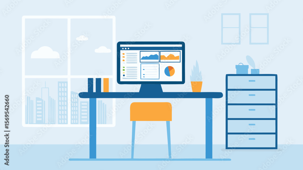 Fototapete illustration of a desk with a computer displaying charts in a modern office setting design
