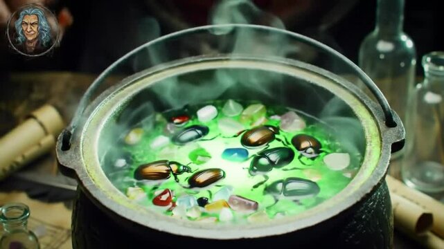 Hand adding ingredients to bubbling potion