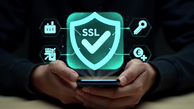 Person Holding Smartphone with Digital Ssl Security Shield Overlay in Dark Clothing and Indoor Setting