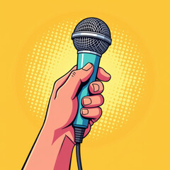 Hand holding microphone against bright yellow background, symbolizing music, performance, and expression