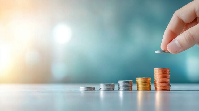Investment growth strategy personal finance office desk coin stacking indoor environment close-up view financial literacy