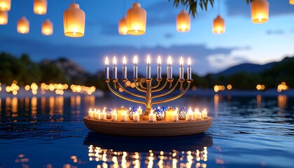 Glowing Golden Candelabrum Floating on Tranquil Dark Blue Water Under Evening Sky