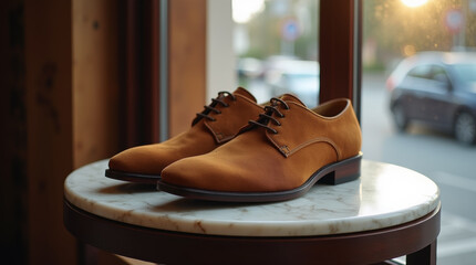 Stylish brown suede men's shoes on a marble stand near a fashion store window