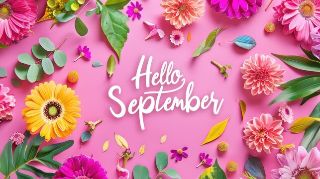 The inscription "Hello, September", decorated with bright autumn leaves and a butterfly on a pink background. Greetings to the autumn season.