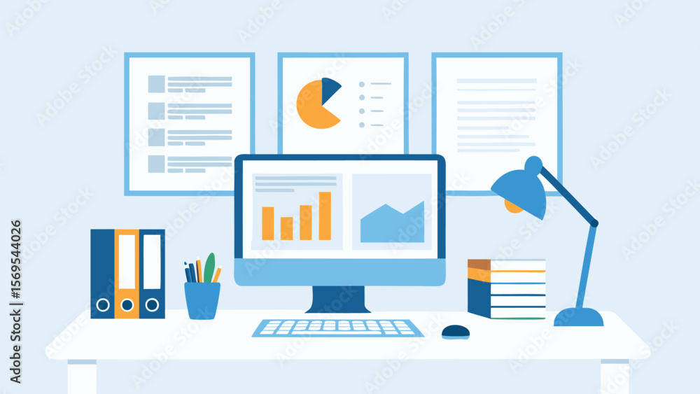 Poster illustration of an office desk with a computer displaying charts and graphs and office supplies