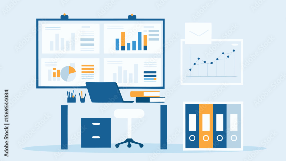Aufkleber office scene with desk laptop charts and binders in a light blue and white color scheme layout desig