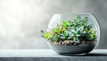 a glass terrarium with succulents and tiny pebbles, watercolor style, fogged glass on the edges, earthy green tones, sitting on a modern concrete shelf, white background