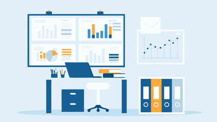 Office scene with desk laptop charts and binders in a light blue and white color scheme layout design