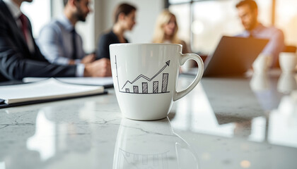 Coffee cup with graph doodles in a modern business meeting setting  
