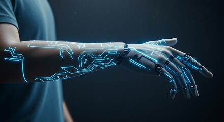 Closeup of Futuristic Cybernetic Arm with Blue Circuit Pattern