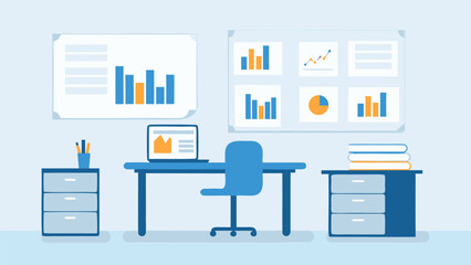 Illustration of an office setup with a desk, laptop, charts, and file cabinets in a blue color scheme