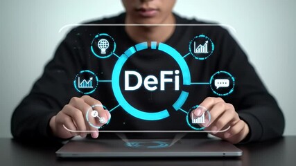 Person Interacting with DeFi Hologram Overlay on Laptop Wearing a Black Long Sleeve Shirt Sitting at a Table in Front of a White Background - Powered by Adobe