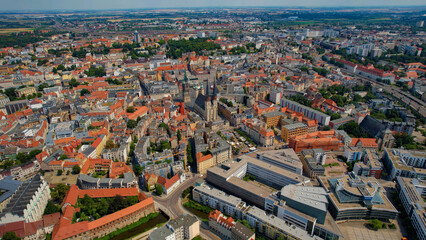 A panoramic aerial view of the city Halle an der Saale in Germany on a sunny day in spring