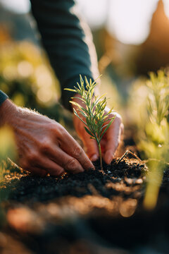 Fototapeta A person planting a seedling in soil, showcasing eco-friendly gardening and nature's growth. Perfect for themes around sustainability, organic farming, and environmental care.