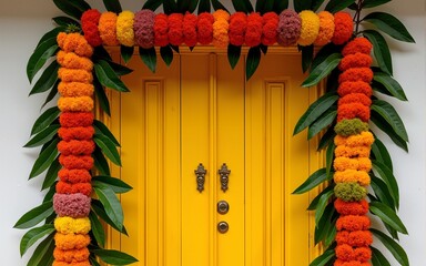 Indian flower door garland of mango leaves and marigold flowers. for marriage and festivals traditional. High quality