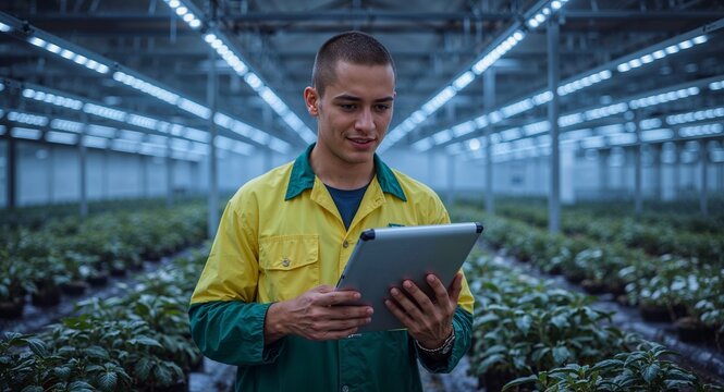 Man in greenhouse holding tablet surrounded by rows of plants under artificial lighting system