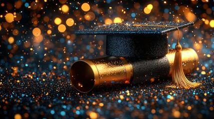 Graduation cap and diploma on glitter background