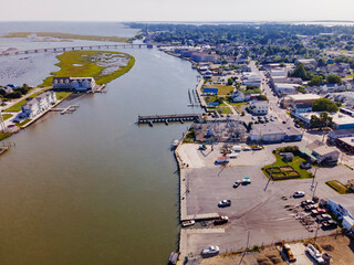 Drone panorama of hotels and residential neighborhood on the Atlantic gulf coast.