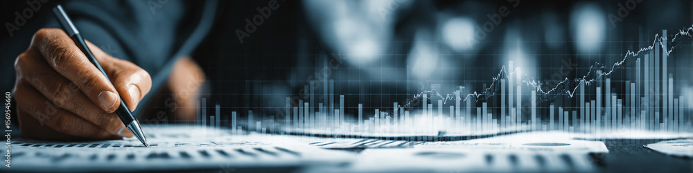 Poster person analyzing financial data with pen and charts in a dark setting