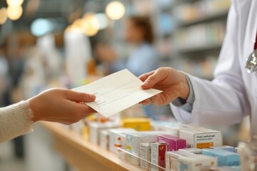 Doctor handing prescription to patient in modern pharmacy setting with colorful medicine boxes and engaged staff members in the background, showcasing healthcare interactions and community support.