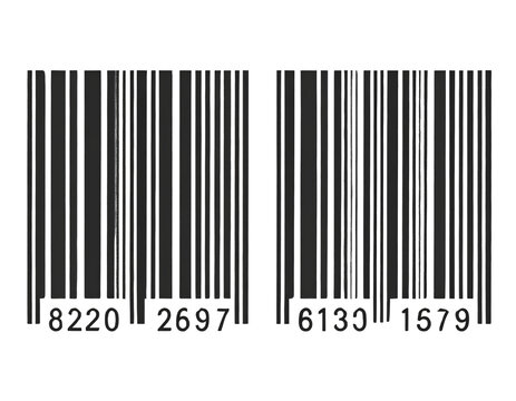 Two Simplified Black Barcodes with Numeric Codes Below, Flat Design, Transparent Background
