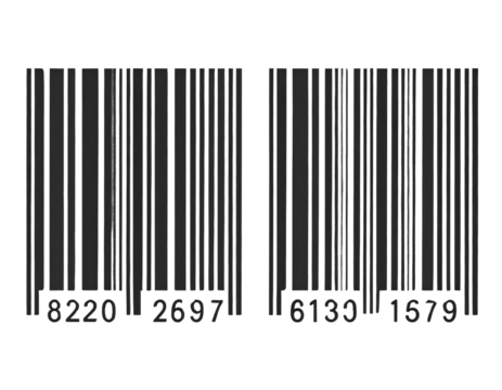 Two Simplified Black Barcodes with Numeric Codes Below, Flat Design, Transparent Background