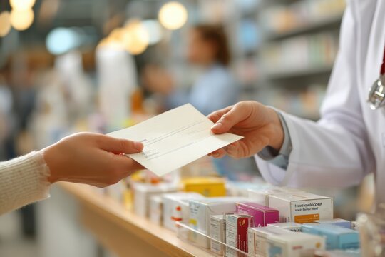Doctor handing prescription to patient in modern pharmacy setting with colorful medicine boxes and engaged staff members in the background, showcasing healthcare interactions and community support.