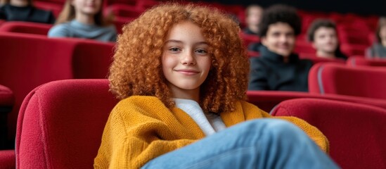 Engrossed young spectator with curly hair enjoying a movie at the cinema