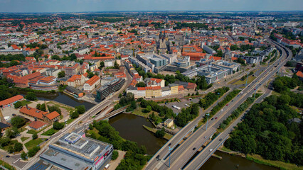 A panoramic aerial view of the city Halle an der Saale in Germany on a sunny day in spring