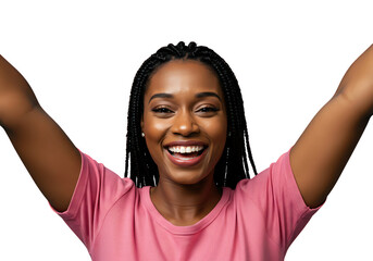 A cheerful african american woman with braids smiles happily with arms raised isolated on transparent background