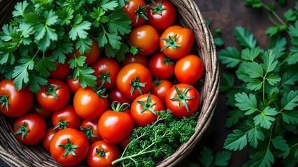 Rustic basket filled with fresh red tomatoes and green parsley leaves, creating vibrant and healthy natural food display