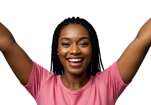 A cheerful african american woman with braids smiles happily with arms raised isolated on transparent background