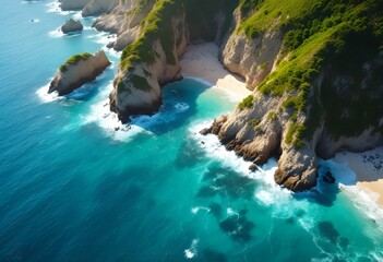 Aerial View of Secluded Cove Turquoise Waters Lush Cliffs Hidden Beach.