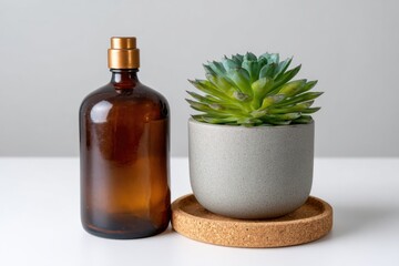 Still life of brown bottle and succulent in gray pot on cork coaster