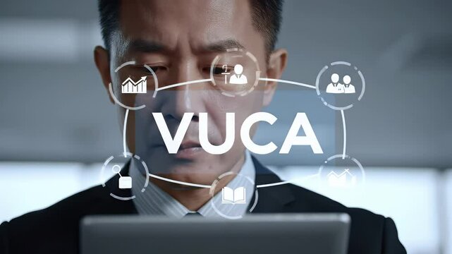 Focused Asian Businessman in Suit Using Tablet with VUCA Overlayed Graphics in Bright Office Environment and Digital Future Concept