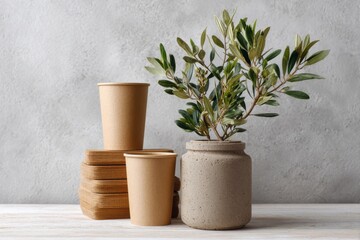 Still life of paper cups, lids, and a plant in a textured gray vase