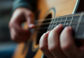 Fototapeta premium Closeup of Guitarists Hands Playing Acoustic Guitar Selective Focus.
