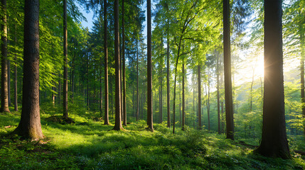 silent forest in spring with beautiful bright sun rays 70636861 1