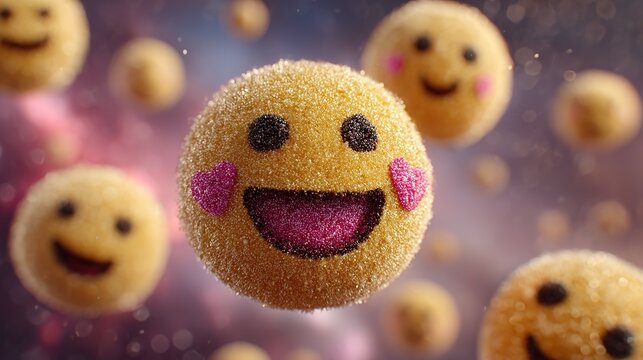 Golden Heart-Cheeked Emoji Surrounded by Floating Smileys on Cosmic Gradient | World Emoji Day Fantasy Celebration