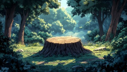 Tranquil Forest Scene Featuring a Large Tree Stump Perfect for Backgrounds and Nature Projects