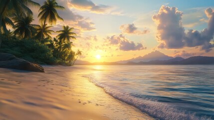 Golden hour reflections on a tropical beach with palm trees and distant mountains