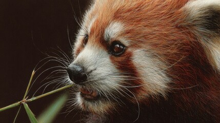 close-up of a red panda munching bamboo, color tones: rust red, forest green, and ivory white