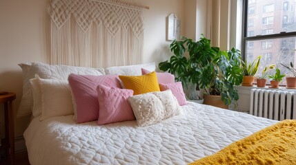 A cozy and inviting bedroom interior, with a focus on the bed adorned with colorful pillows and a decorative headboard. A large window provides ample natural light.