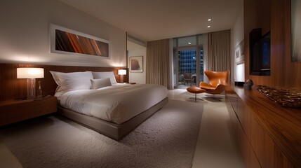 Cozy and luxurious bedroom with a modern design with a comfortable bed. Elegant and sophisticated space perfect for relaxation and serenity.  